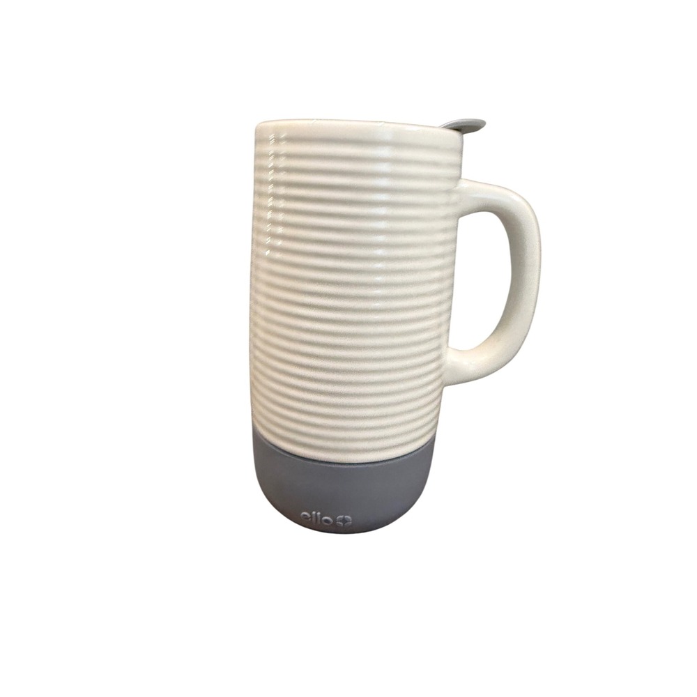 Ello Ceramic Travel Mug 18oz White Ribbed Gray Silicone Base Slider Lid Handle